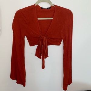 Wrap Tie Flare Sleeve Crop Top